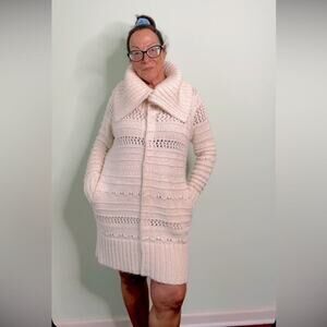 Rachel Roy Long Sweater Coat Beige Wide Collar Size Small